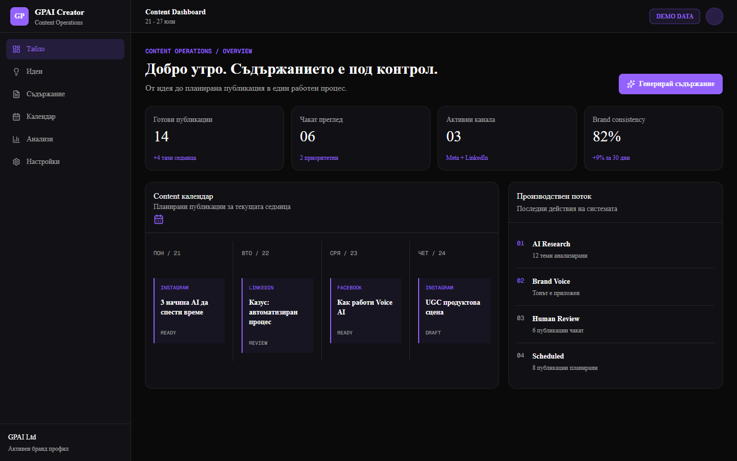 Реален интерфейс на GPAI Creator с content календар